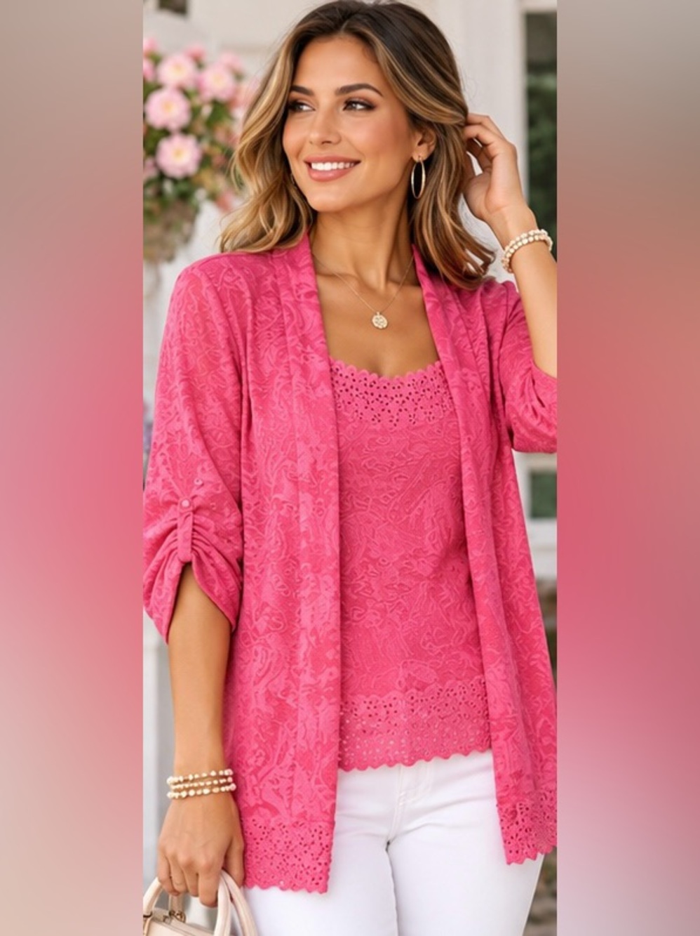 Pink Collection Women’s Pink Lace-Detail Lightweight Sweater Cardigan Set